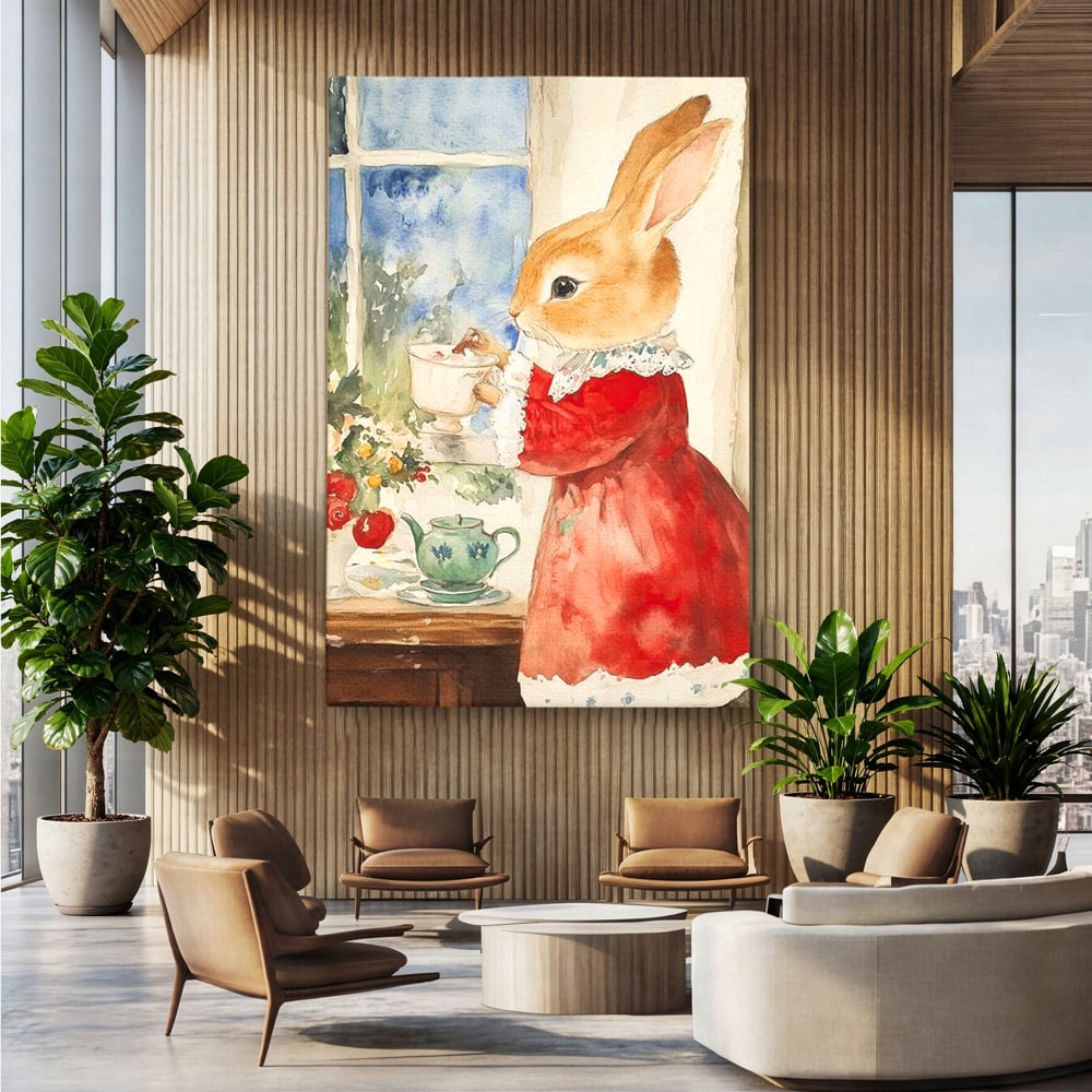 Tablou canvas cu tablou canvas cu iepuras care bea ceai, fara rama, pe sasiu de lemn, pe perete intr-un birou